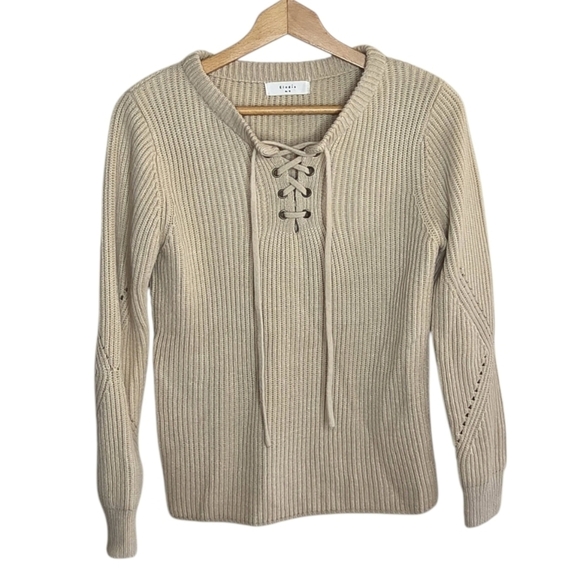 Elodie | Beige Tan Ribbed Lace Up Neckline Sweater Size Medium - Picture 1 of 5